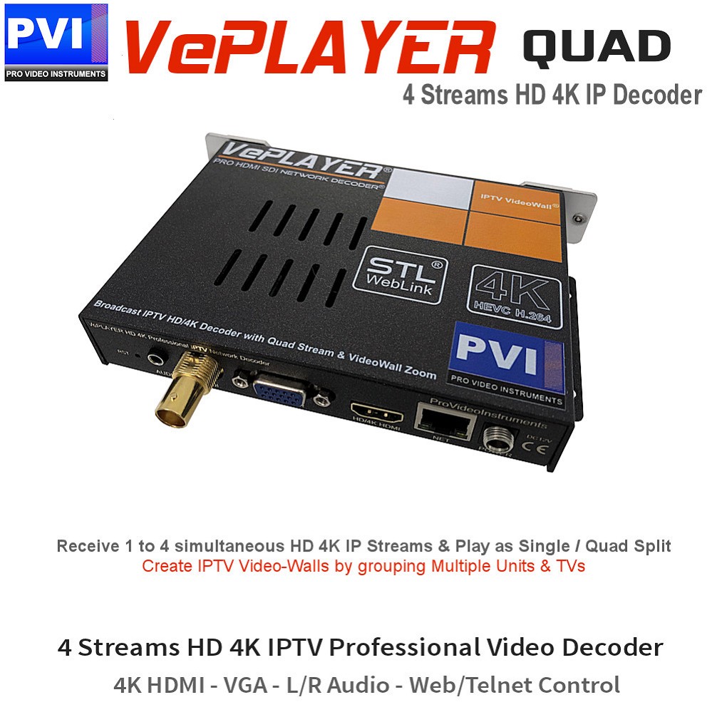 IPTV-MON-4  Professional 4-Streams HD 4K IPTV Streaming Video Monitoring system with Single, Mosaic, Selective Zoom, IP Video-Wall, Rotation modes, HEVC H.265 H.264 API Telnet remote control